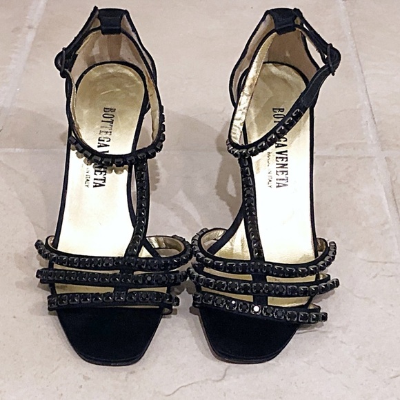Bottega Veneta rhinestone satin ankle t strap black strappy vintage heels… - Picture 9 of 17